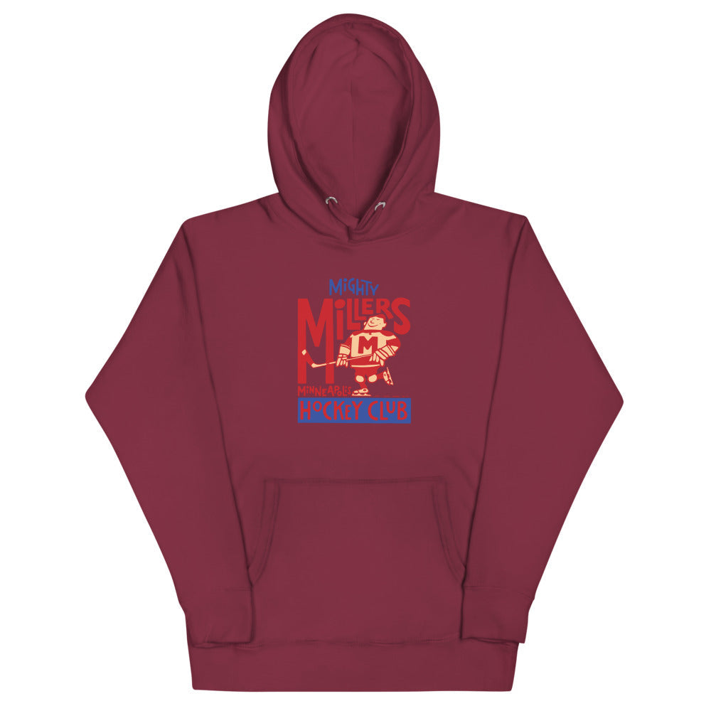 Minneapolis Mighty Millers Hoodie (Premium) with the vintage red player with stacked lettering on the front, view 3