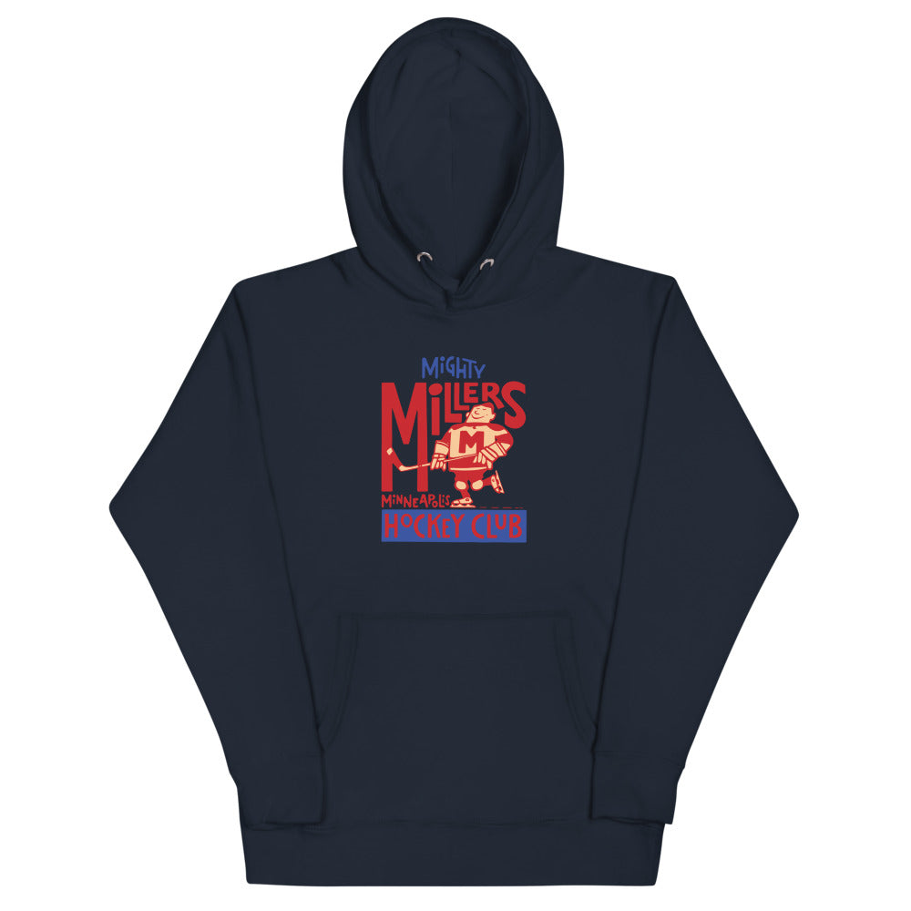 Minneapolis Mighty Millers Hoodie (Premium) with the vintage red player with stacked lettering on the front
