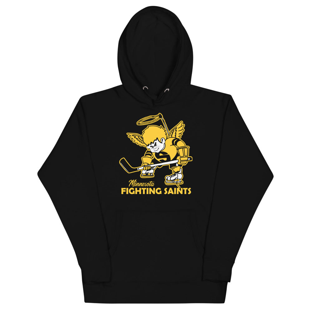 Minnesota Fighting Saints Alt Hoodie (Premium) with the gold haloed angel skater over script lettering on the front
