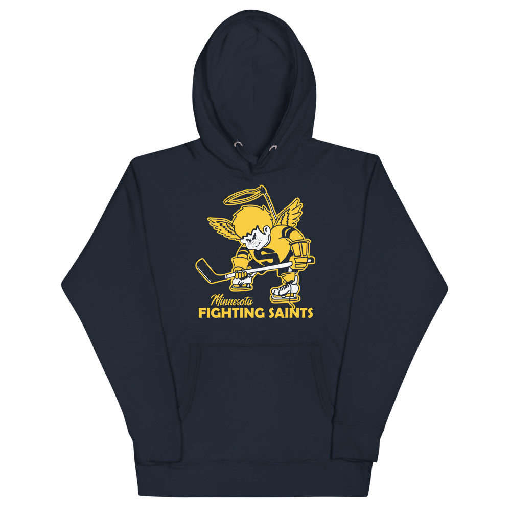 Minnesota Fighting Saints Alt Hoodie (Premium) with the gold haloed angel skater over script lettering on the front, view 2