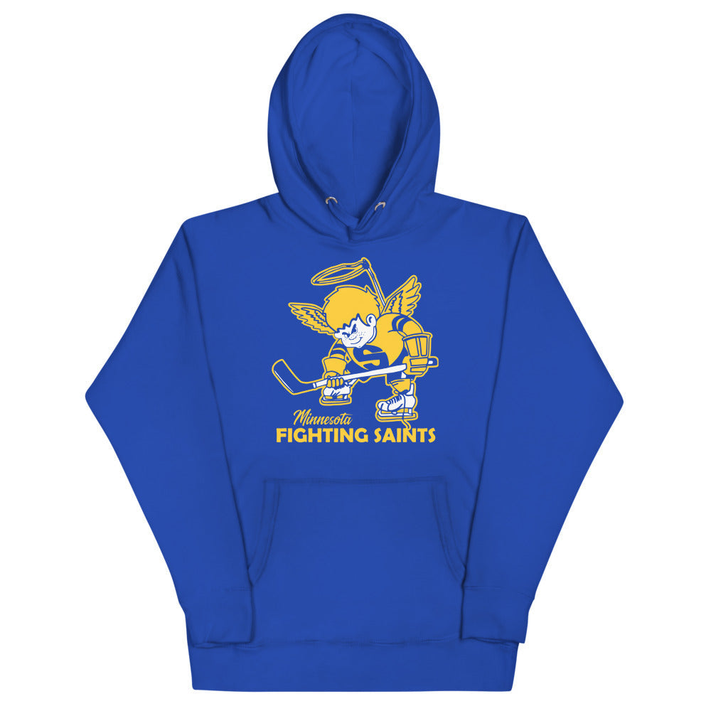 Minnesota Fighting Saints Alt Hoodie (Premium) with the gold haloed angel skater over script lettering on the front, view 3