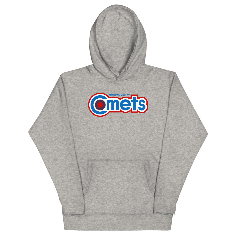 Mohawk Valley Comets Hoodie (Premium) with the blue Comets wordmark with a red outline on the front
