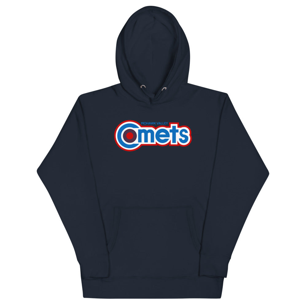 Mohawk Valley Comets Hoodie (Premium) with the blue Comets wordmark with a red outline on the front, view 2