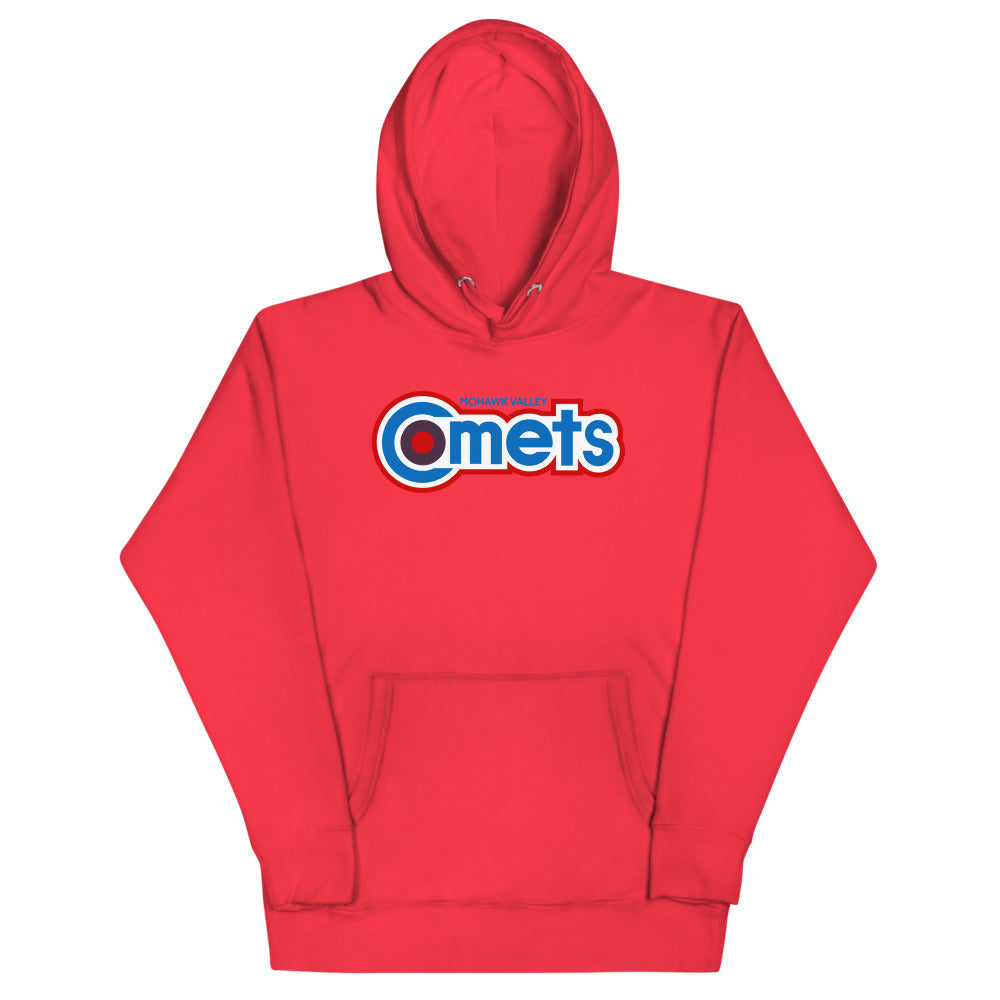 Mohawk Valley Comets Hoodie (Premium) with the blue Comets wordmark with a red outline on the front, view 3