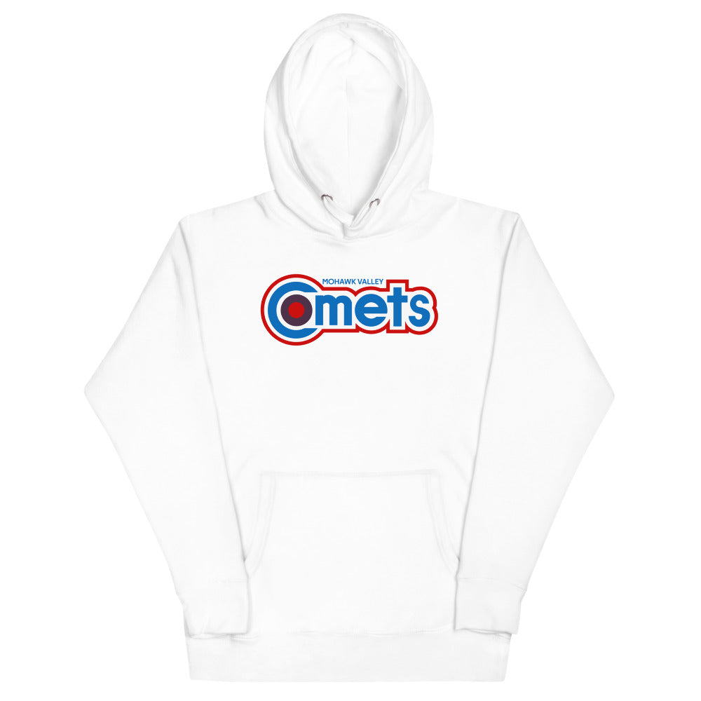 Mohawk Valley Comets Hoodie (Premium) with the blue Comets wordmark with a red outline on the front, view 4