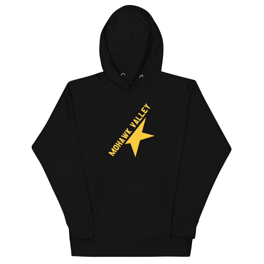 Mohawk Valley Stars Hoodie (Premium) with the gold shooting star with diagonal lettering on the front, view 2
