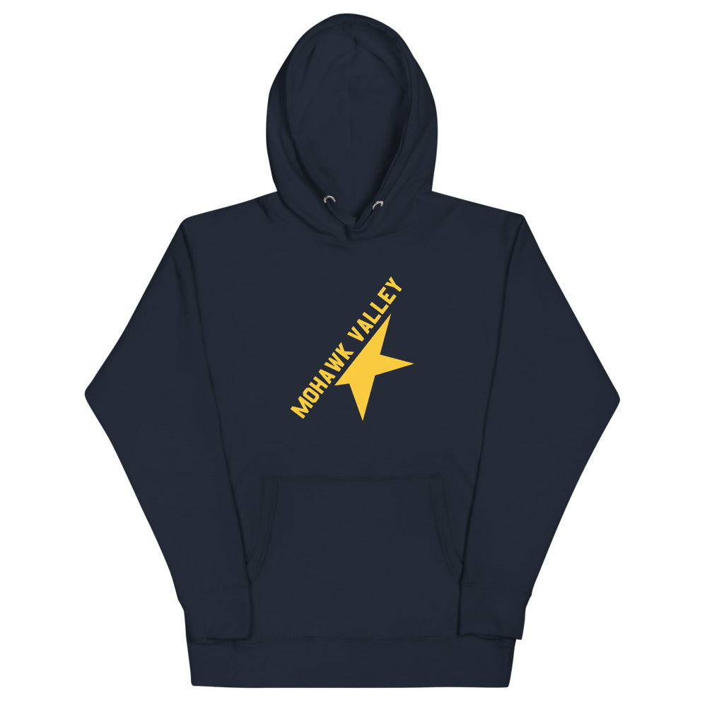 Mohawk Valley Stars Hoodie (Premium) with the gold shooting star with diagonal lettering on the front, view 3