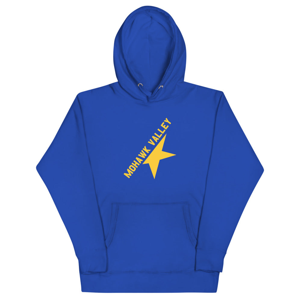 Mohawk Valley Stars Hoodie (Premium) with the gold shooting star with diagonal lettering on the front