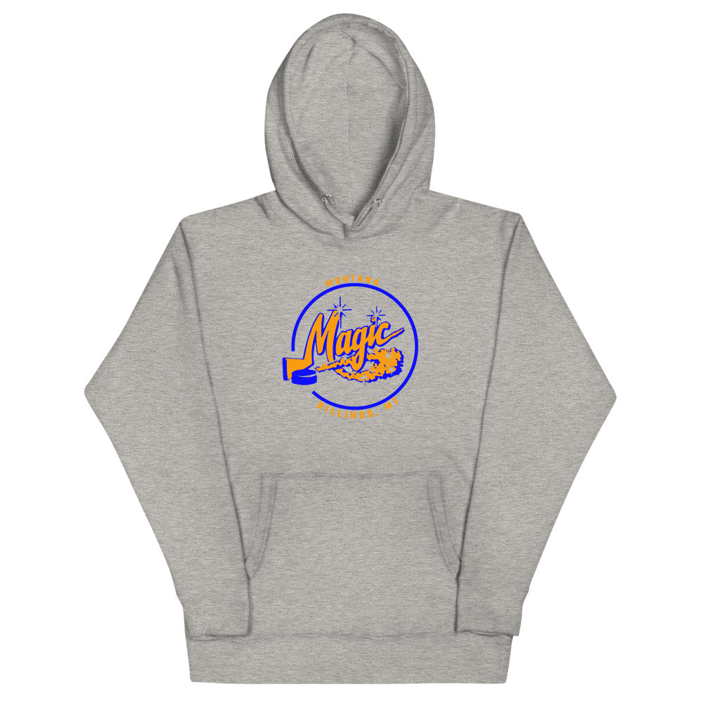 Montana Magic Hoodie (Premium) with the blue ring logo with orange Magic script on the front, view 2
