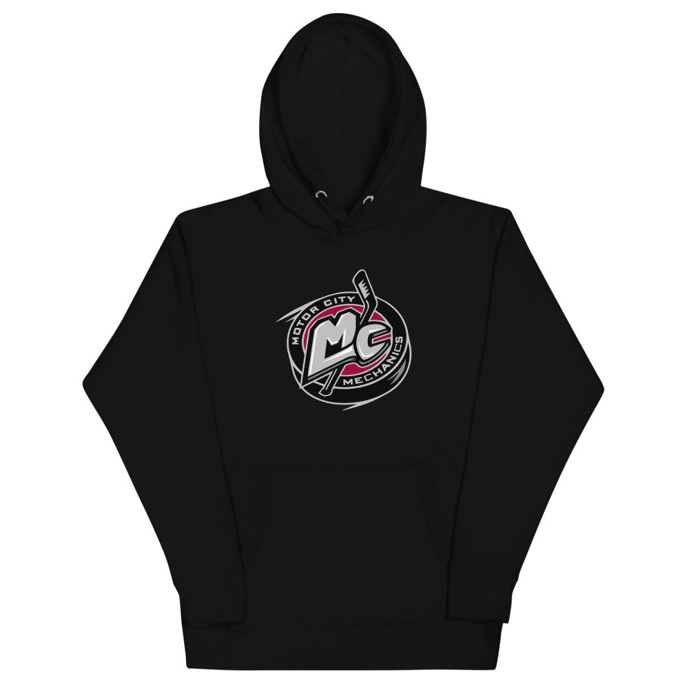 Motor City Mechanics Hoodie (Premium) with the MC monogram puck logo in silver and pink on the front
