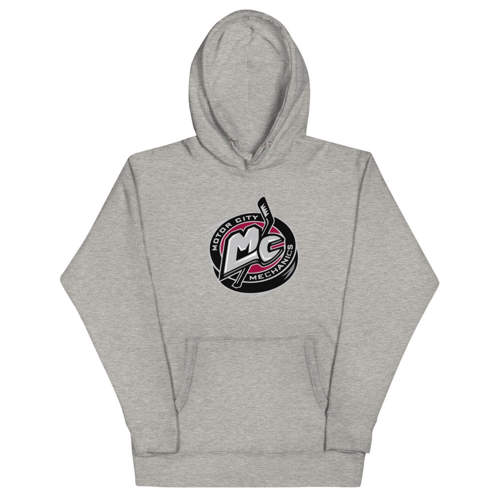 Motor City Mechanics Hoodie (Premium) with the MC monogram puck logo in silver and pink on the front, view 3