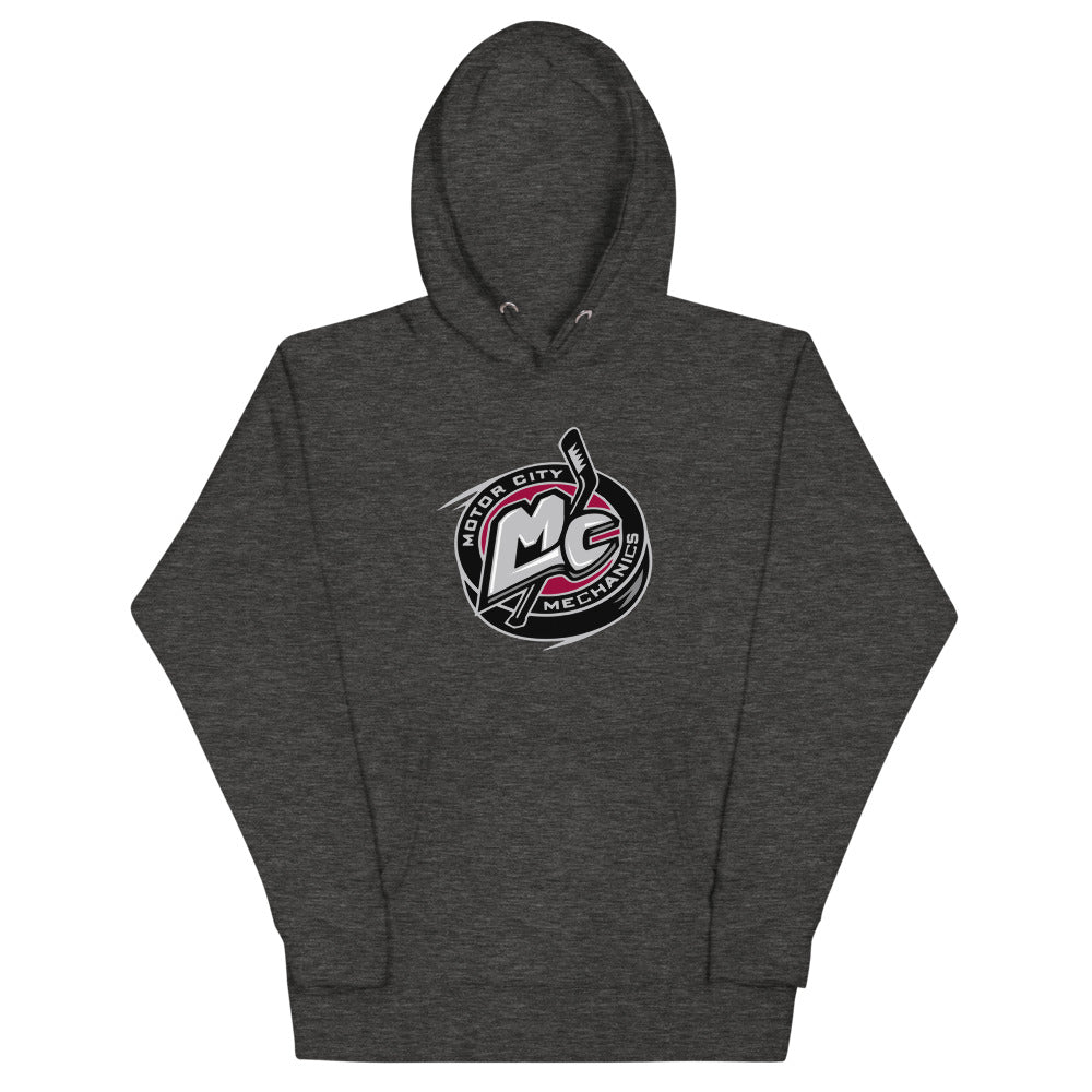 Motor City Mechanics Hoodie (Premium) with the MC monogram puck logo in silver and pink on the front, view 2