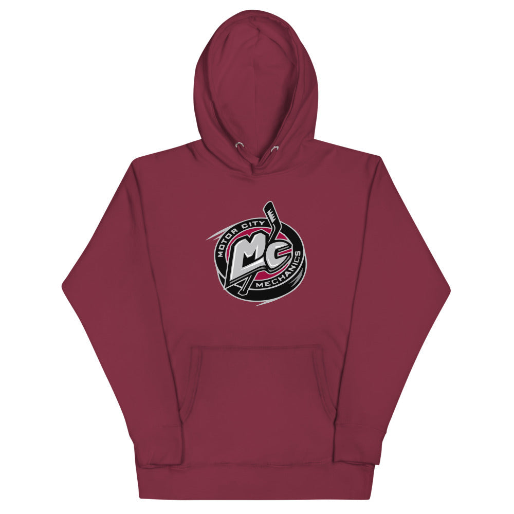 Motor City Mechanics Hoodie (Premium) with the MC monogram puck logo in silver and pink on the front, view 6