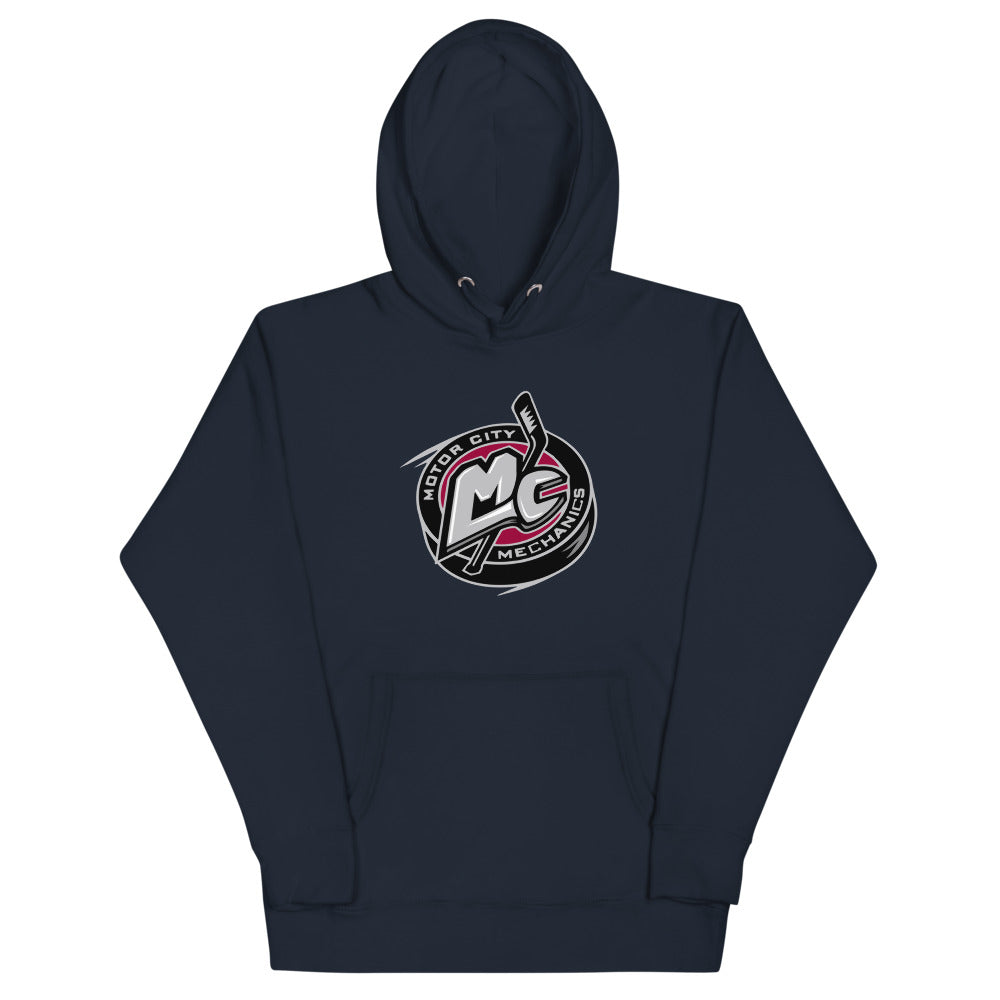 Motor City Mechanics Hoodie (Premium) with the MC monogram puck logo in silver and pink on the front, view 8