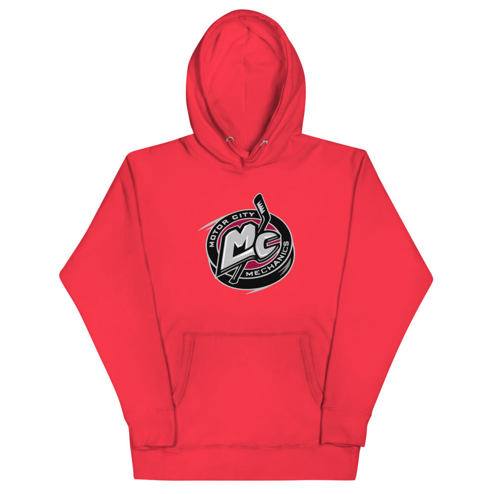 Motor City Mechanics Hoodie (Premium) with the MC monogram puck logo in silver and pink on the front, view 7