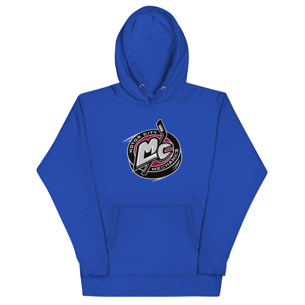 Motor City Mechanics Hoodie (Premium) with the MC monogram puck logo in silver and pink on the front, view 4