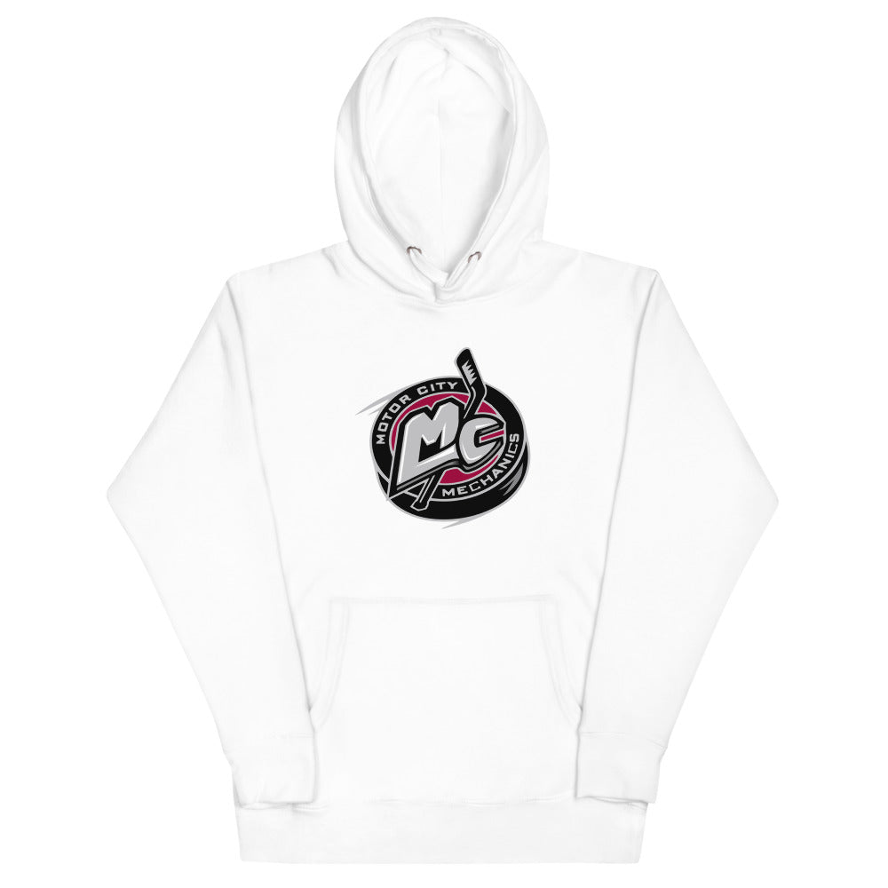 Motor City Mechanics Hoodie (Premium) with the MC monogram puck logo in silver and pink on the front, view 5