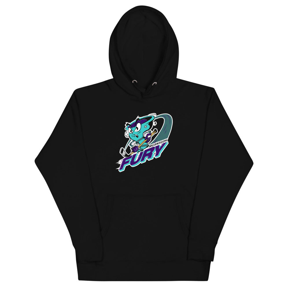 Muskegon Fury Hoodie (Premium) with the teal cat mascot over a slanted wordmark on the front, view 6
