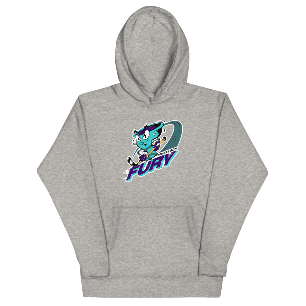 Muskegon Fury Hoodie (Premium) with the teal cat mascot over a slanted wordmark on the front, view 3
