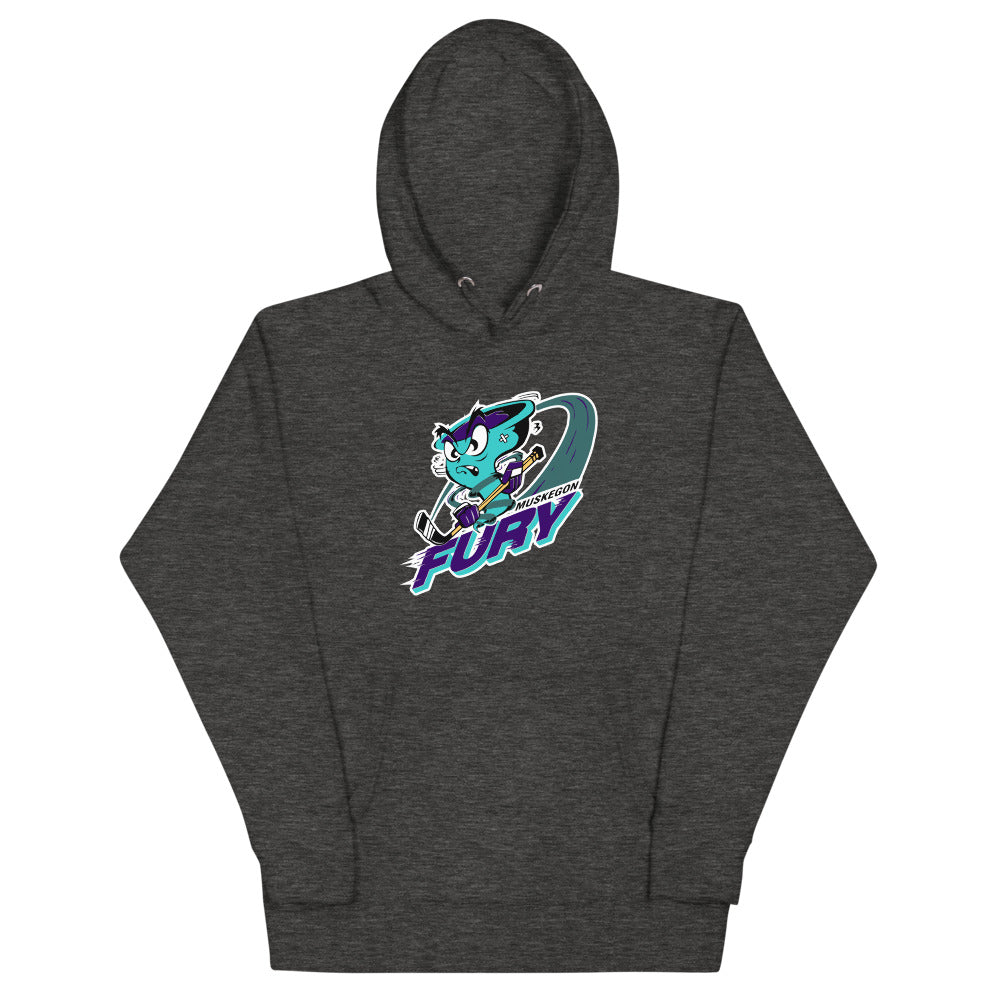 Muskegon Fury Hoodie (Premium) with the teal cat mascot over a slanted wordmark on the front, view 2