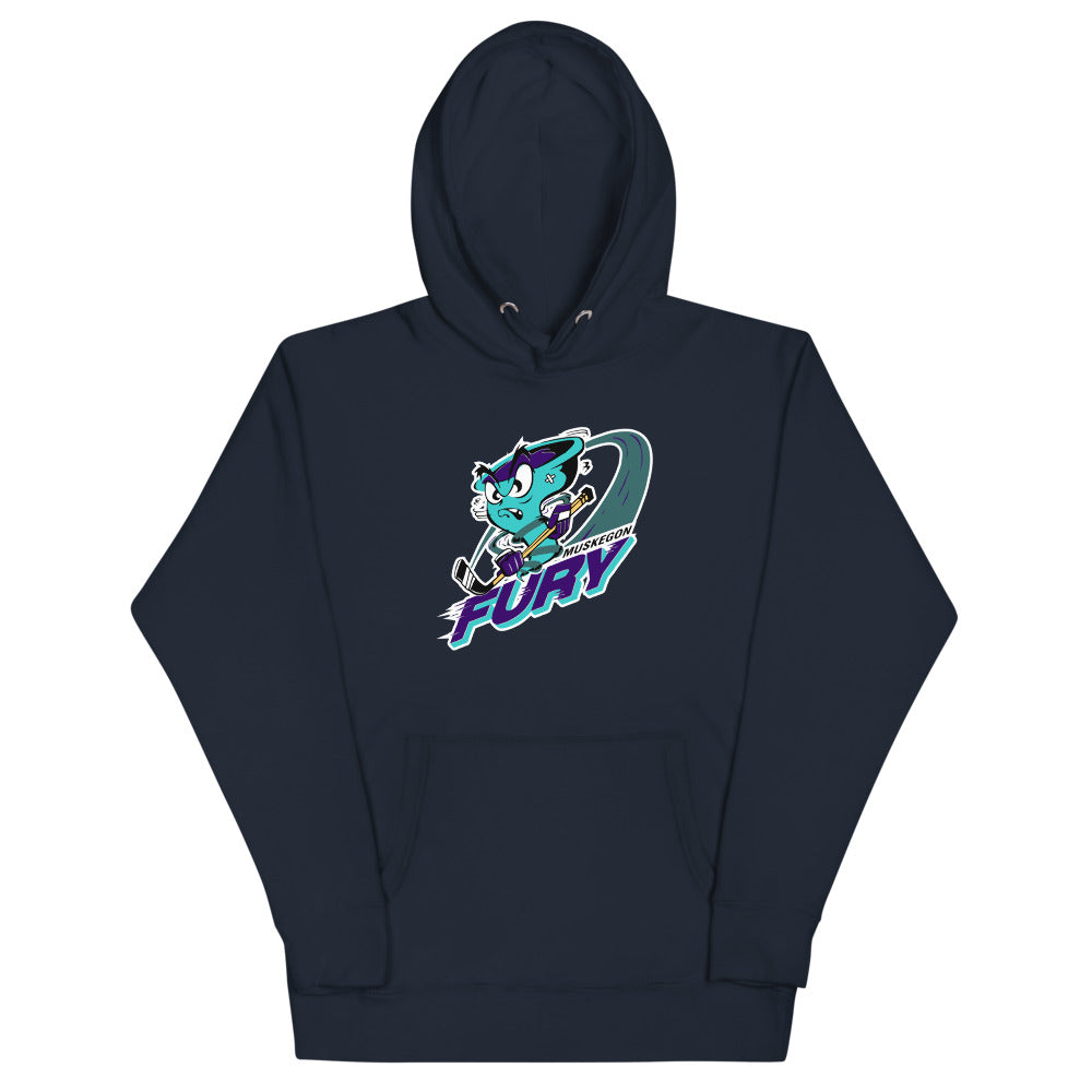 Muskegon Fury Hoodie (Premium) with the teal cat mascot over a slanted wordmark on the front