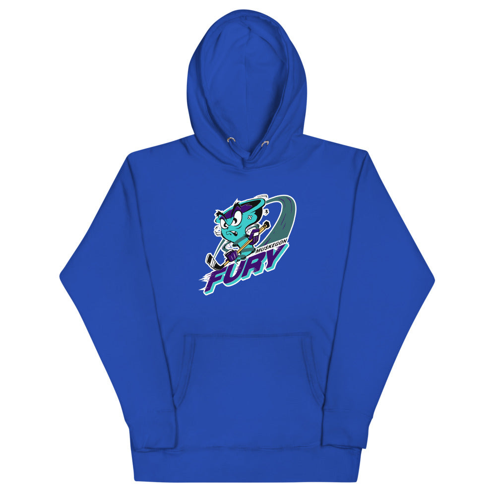 Muskegon Fury Hoodie (Premium) with the teal cat mascot over a slanted wordmark on the front, view 4