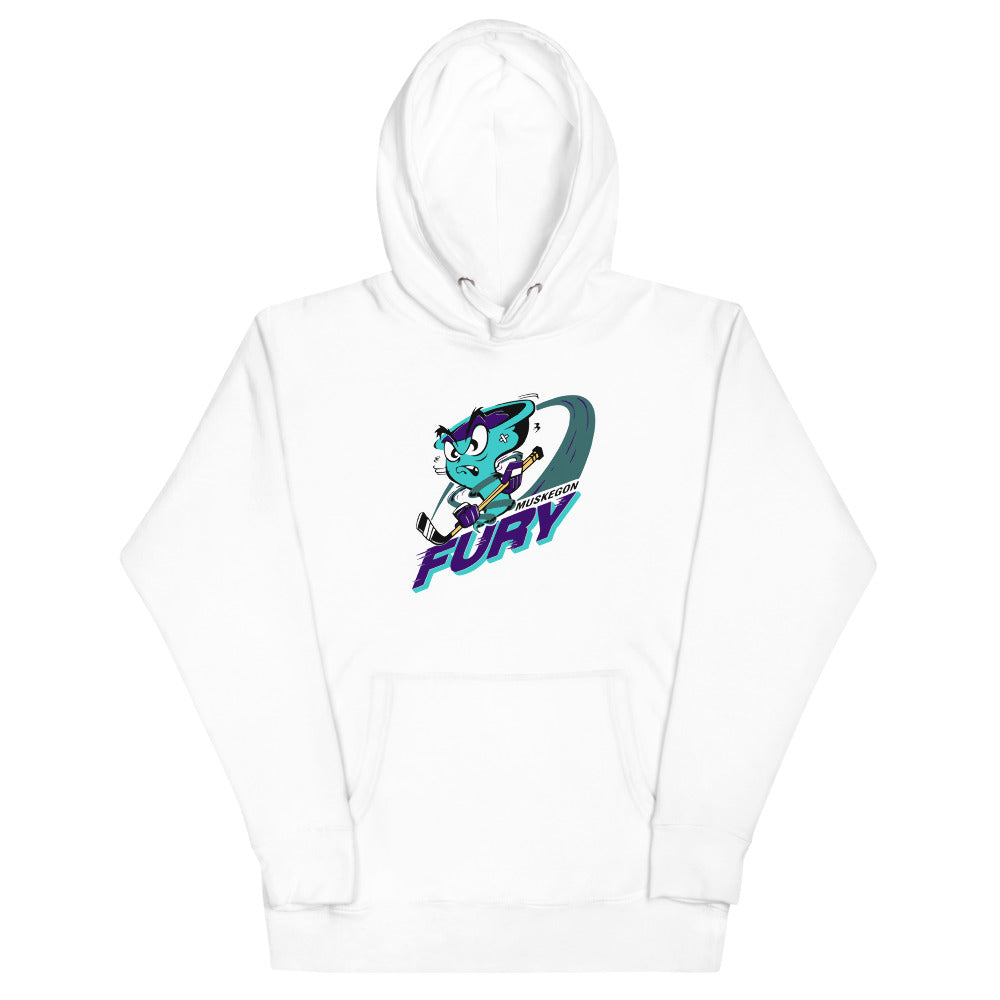 Muskegon Fury Hoodie (Premium) with the teal cat mascot over a slanted wordmark on the front, view 5