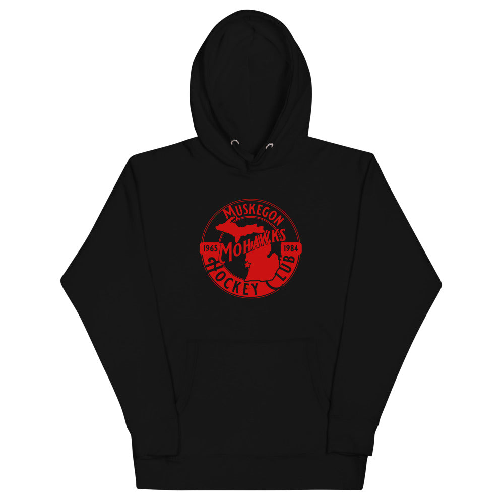 Muskegon Mohawks Dated Hoodie (Premium) with the round red logo with a state map on the front, view 4