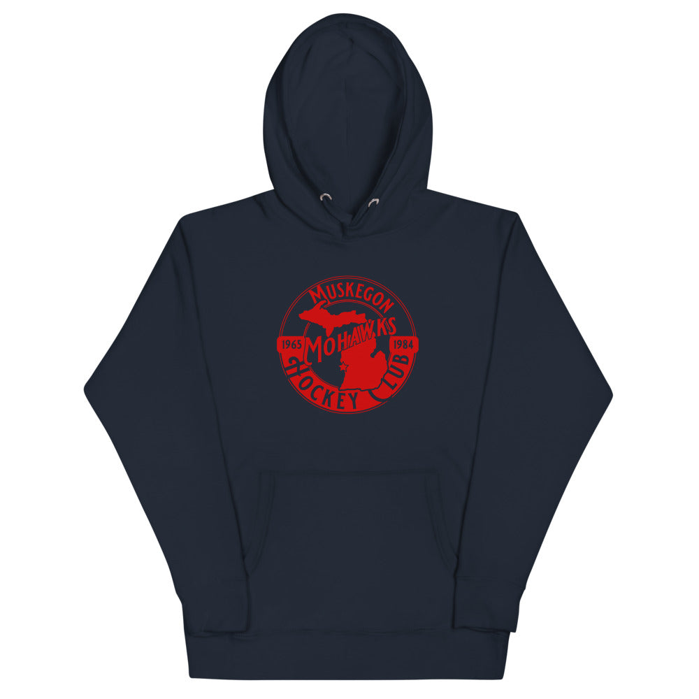 Muskegon Mohawks Dated Hoodie (Premium) with the round red logo with a state map on the front, view 5