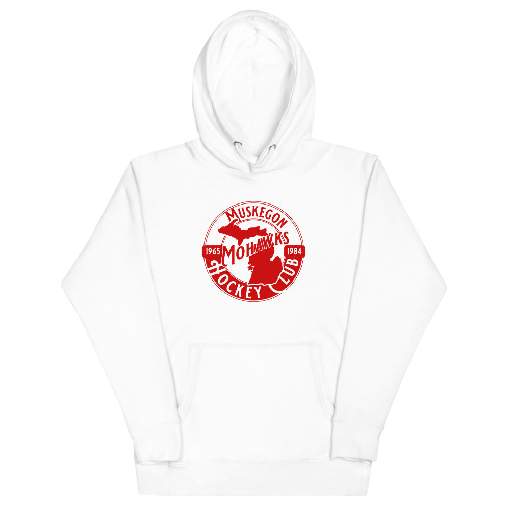 Muskegon Mohawks Dated Hoodie (Premium) with the round red logo with a state map on the front, view 3