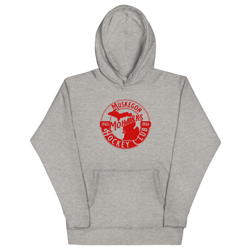 Muskegon Mohawks Hoodie (Premium) with the round red logo with a warrior head on the front, view 3