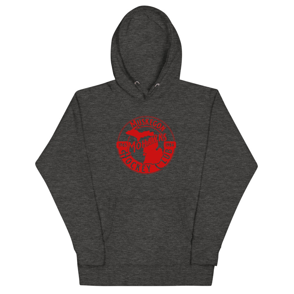 Muskegon Mohawks Hoodie (Premium) with the round red logo with a warrior head on the front, view 2
