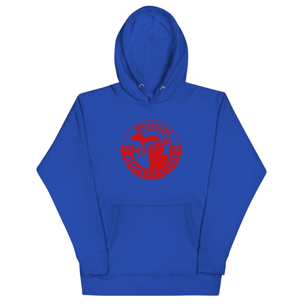 Muskegon Mohawks Hoodie (Premium) with the round red logo with a warrior head on the front