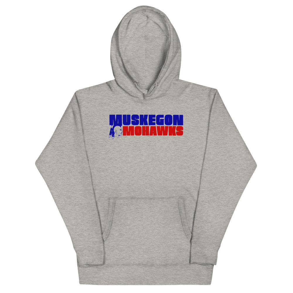 Muskegon Mohawks Text Hoodie (Premium) with the red and blue block wordmark on the front