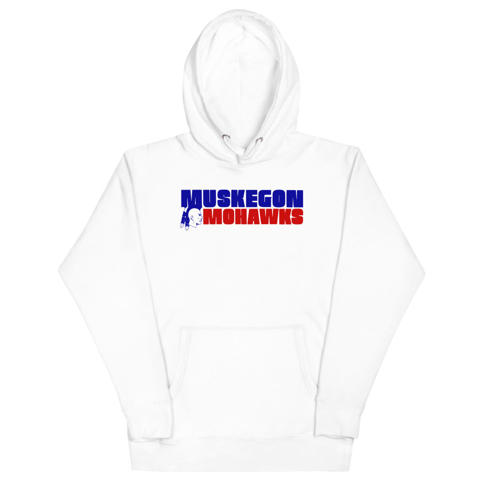 Muskegon Mohawks Text Hoodie (Premium) with the red and blue block wordmark on the front, view 2