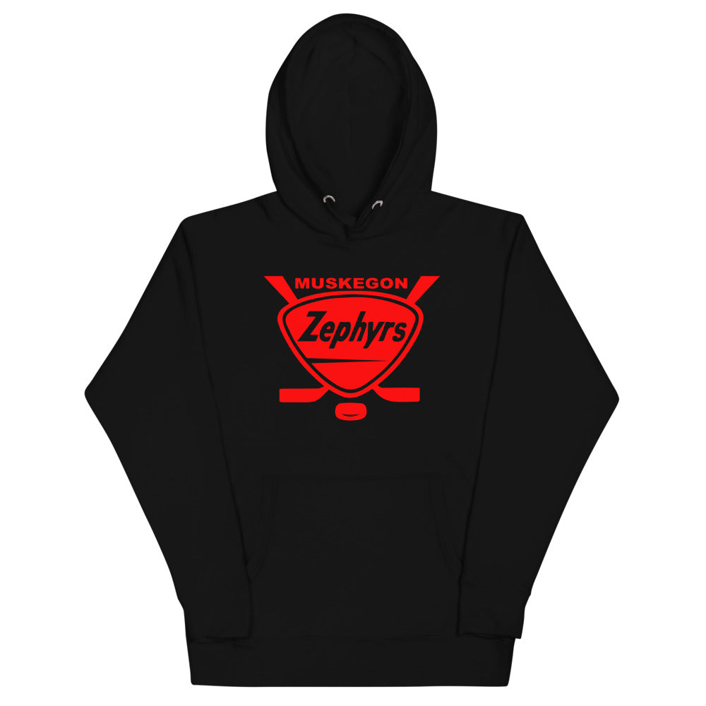 Muskegon Zephyrs Hoodie (Premium) with the red shield with crossed sticks and script on the front, view 7
