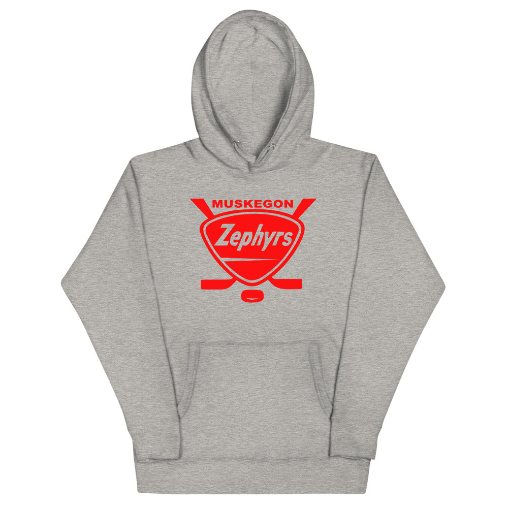 Muskegon Zephyrs Hoodie (Premium) with the red shield with crossed sticks and script on the front, view 3