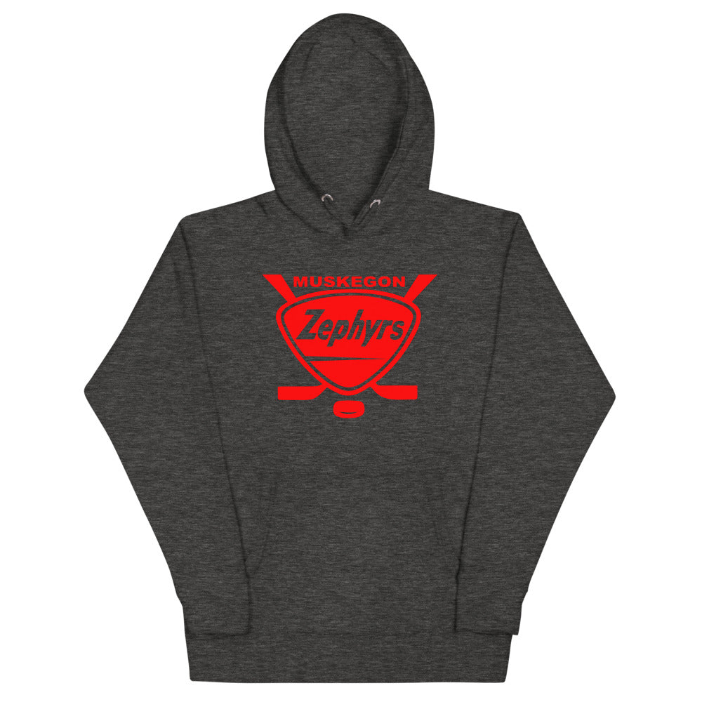 Muskegon Zephyrs Hoodie (Premium) with the red shield with crossed sticks and script on the front, view 2