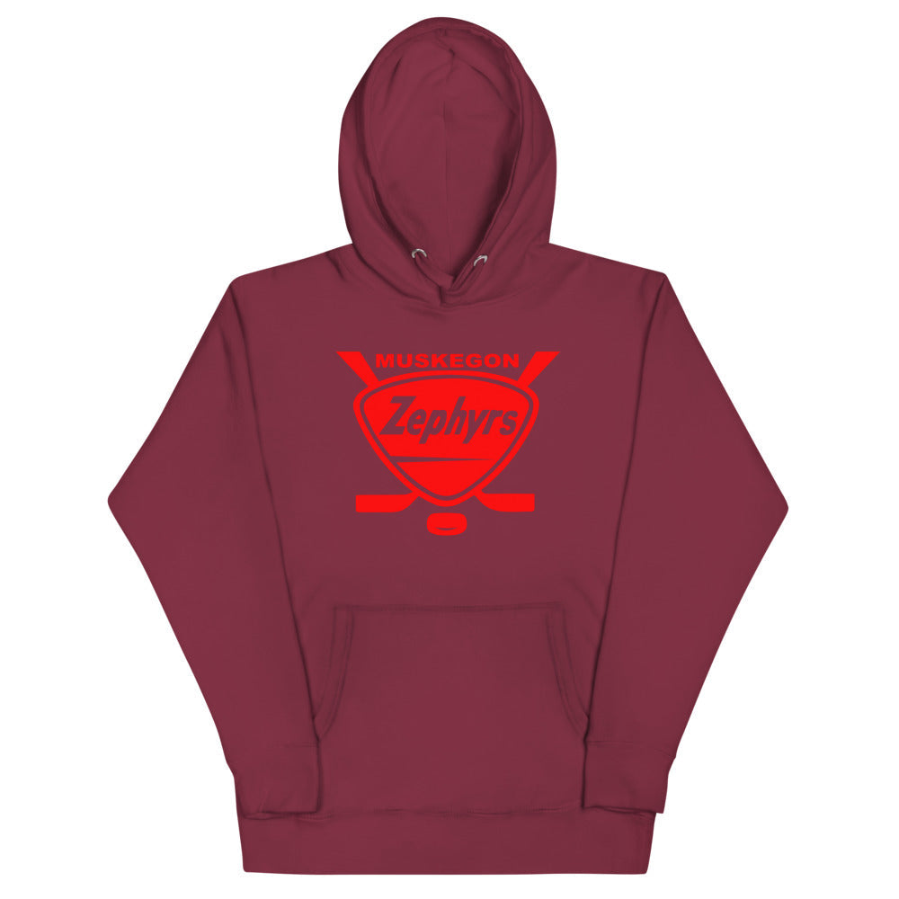 Muskegon Zephyrs Hoodie (Premium) with the red shield with crossed sticks and script on the front, view 6