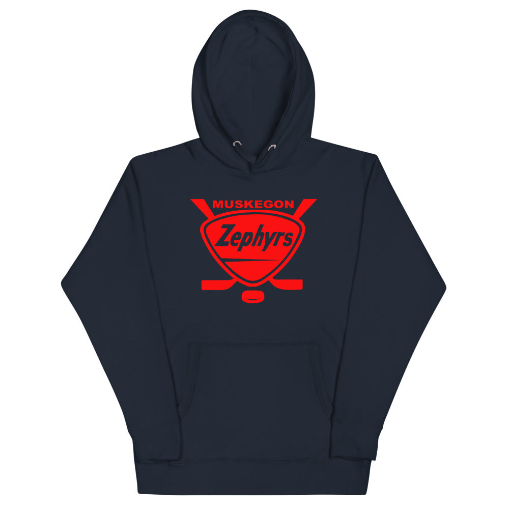 Muskegon Zephyrs Hoodie (Premium) with the red shield with crossed sticks and script on the front