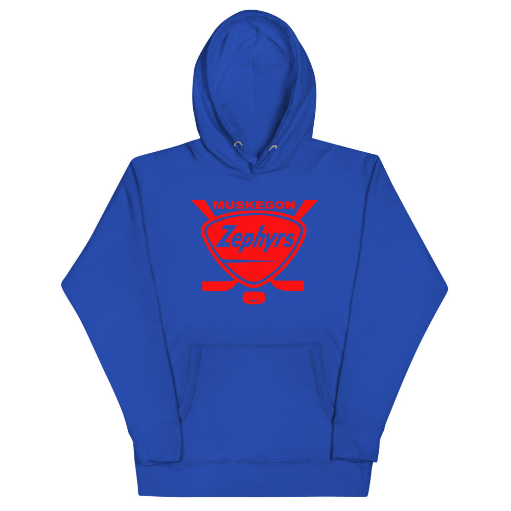 Muskegon Zephyrs Hoodie (Premium) with the red shield with crossed sticks and script on the front, view 4