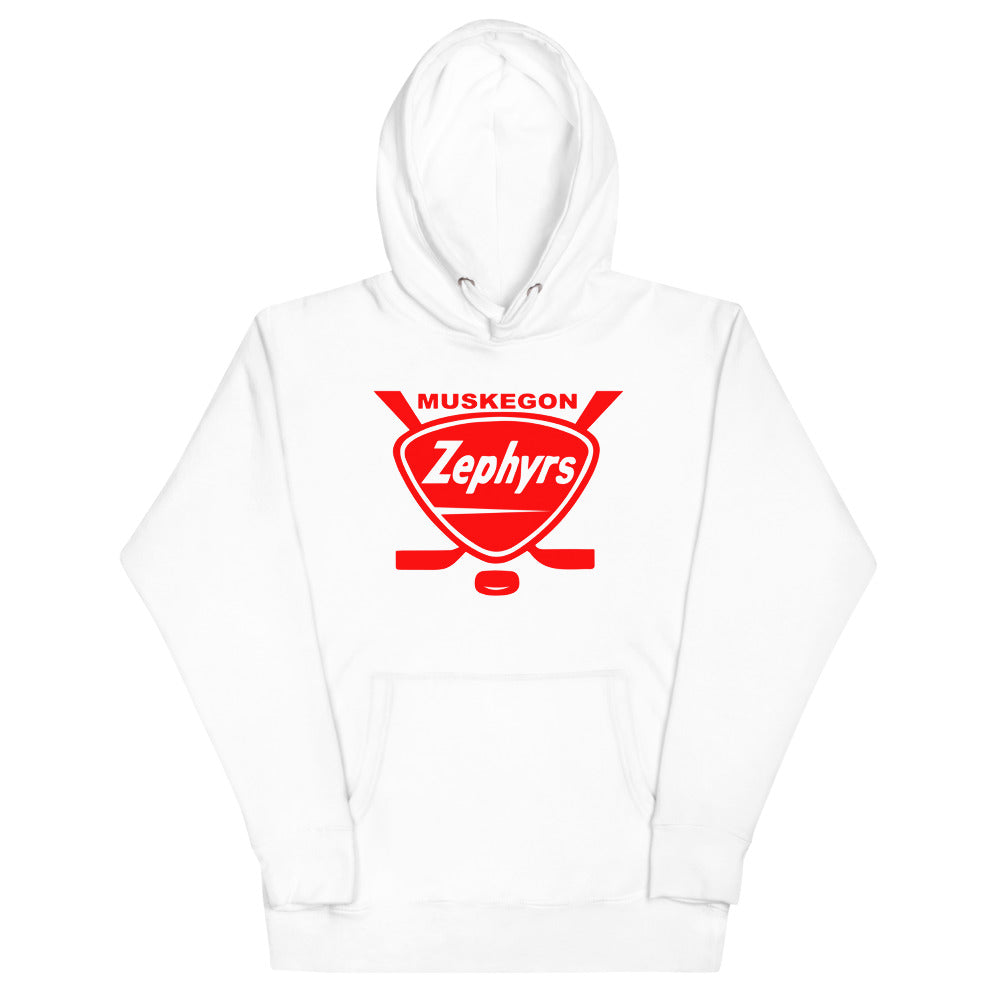 Muskegon Zephyrs Hoodie (Premium) with the red shield with crossed sticks and script on the front, view 5