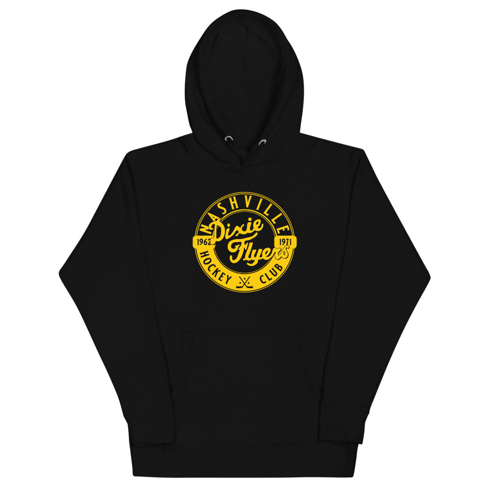 Nashville Dixie Flyers Circular Dated Hoodie (Premium) with the round gold logo with script lettering on the front