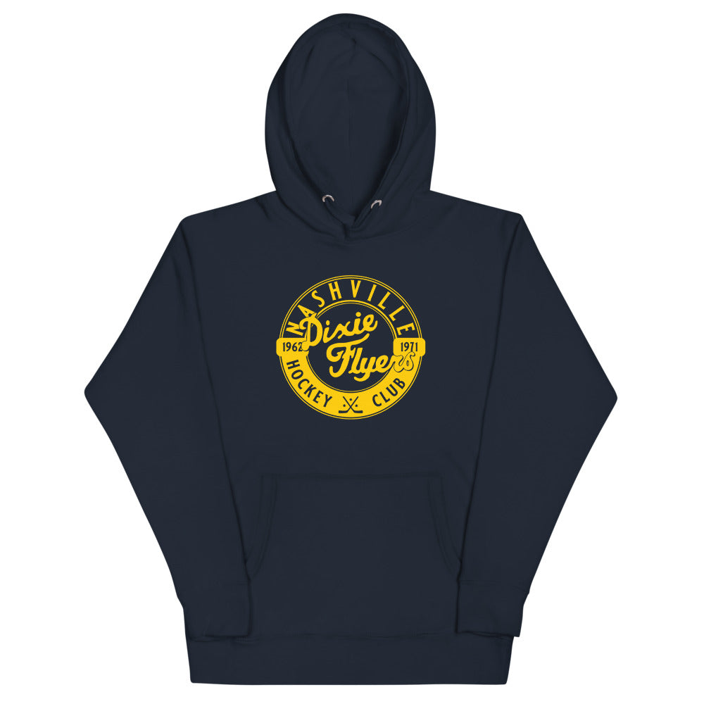 Nashville Dixie Flyers Circular Dated Hoodie (Premium) with the round gold logo with script lettering on the front, view 3
