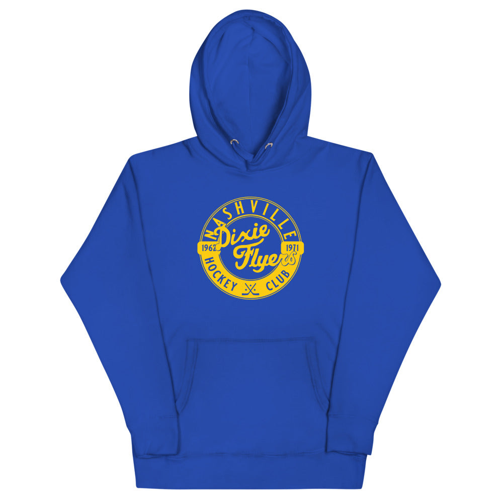 Nashville Dixie Flyers Circular Dated Hoodie (Premium) with the round gold logo with script lettering on the front, view 2