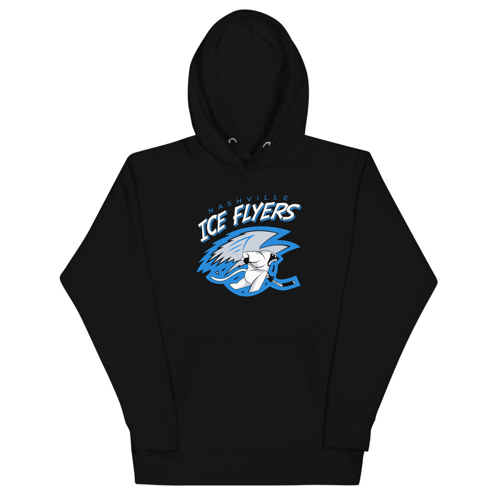 Nashville Ice Flyers Hoodie (Premium) with the icy blue flyer mascot under white script on the front, view 2