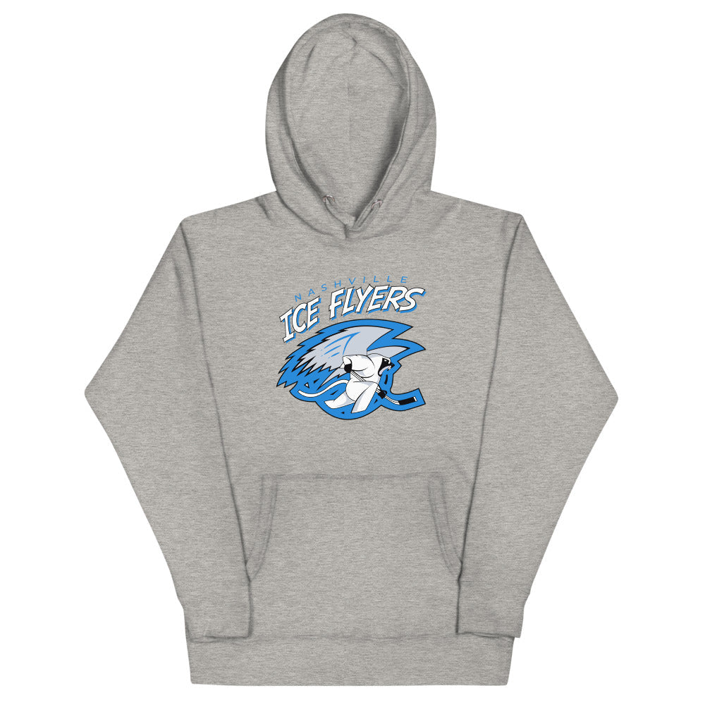 Nashville Ice Flyers Hoodie (Premium) with the icy blue flyer mascot under white script on the front, view 3
