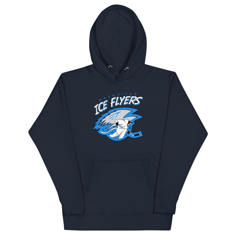 Nashville Ice Flyers Hoodie (Premium) with the icy blue flyer mascot under white script on the front, view 4