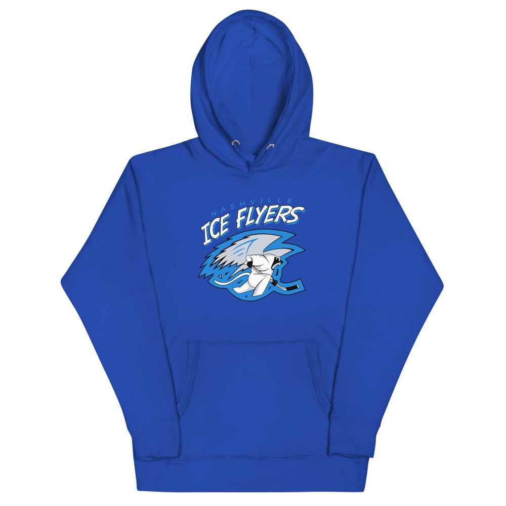 Nashville Ice Flyers Hoodie (Premium) with the icy blue flyer mascot under white script on the front