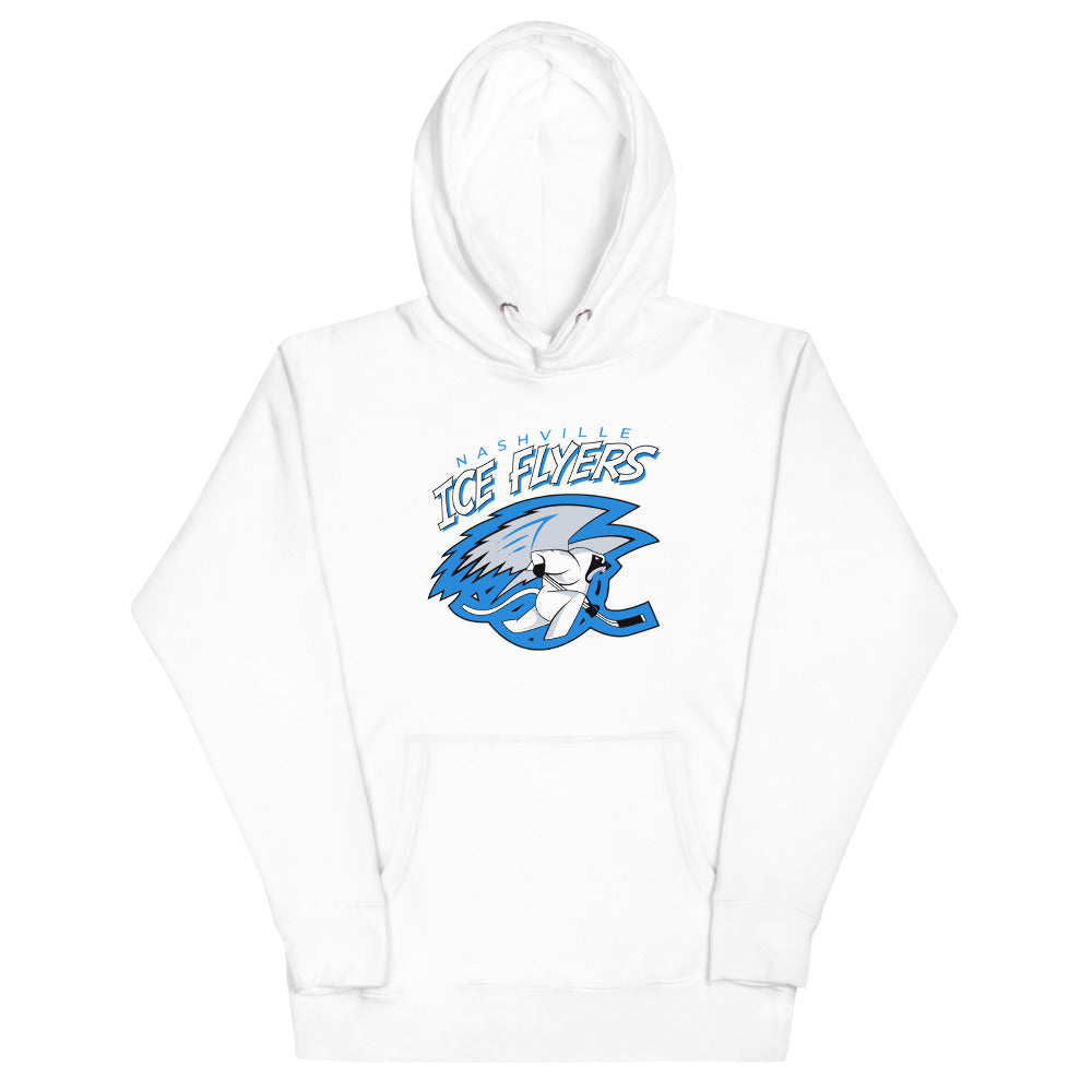 Nashville Ice Flyers Hoodie (Premium) with the icy blue flyer mascot under white script on the front, view 5